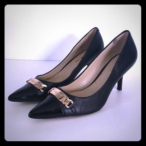 Coach Bowery Black Leather Heels Gold Chain Logo